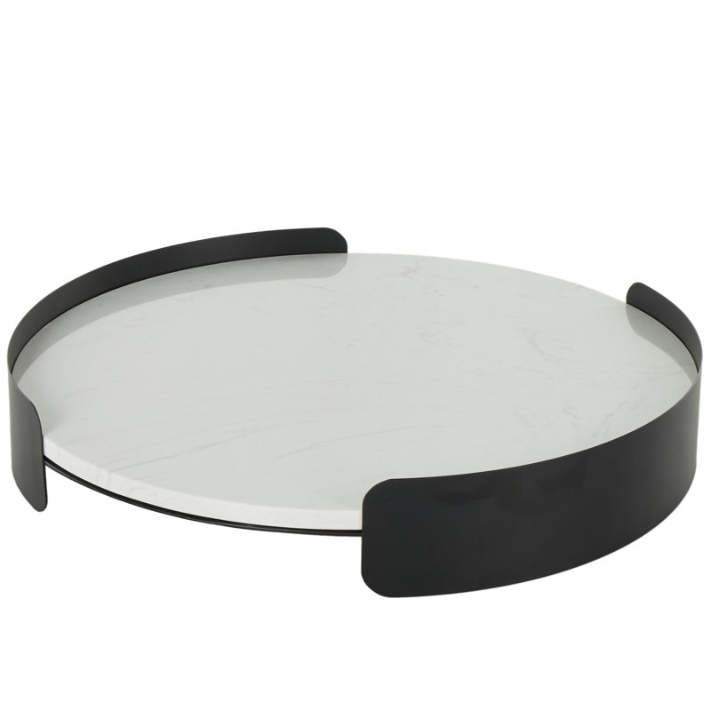 Cole And Grey Marble Round Living Room Decor Tray With Black Metal Frame, 2.85" H x 15.65" W x 15.6" D