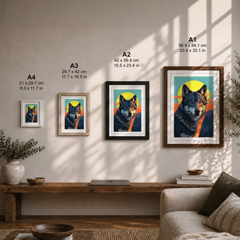 Wolf's Direct Gaze Geometric - Framed Print, A4 - 29.7 x 21.0 cm, Oak