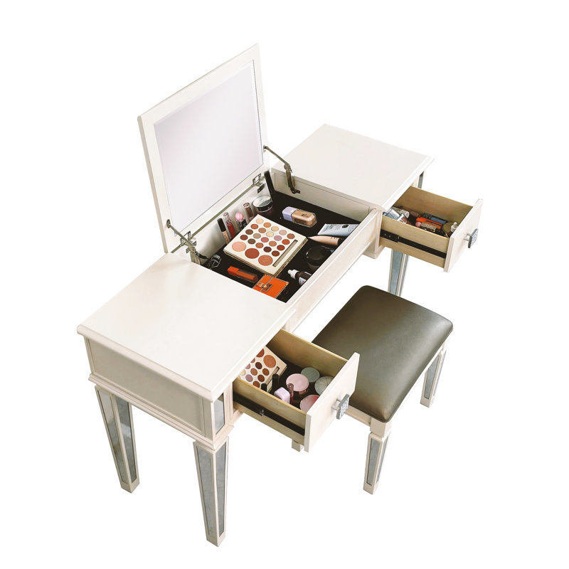 Mirrored Bedroom Makeup Table - Vanity Desk With Stool Wood And For Long-Term Use Storage Easy Assembly In 30 Minutes