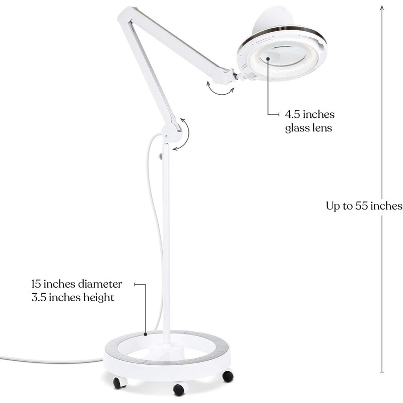 Magnifying Floor Lamp With Dimmable Led Light, 6-Wheel Rolling Base, And Hands-Free Design For Crafts, Sewing, And Professional Tasks