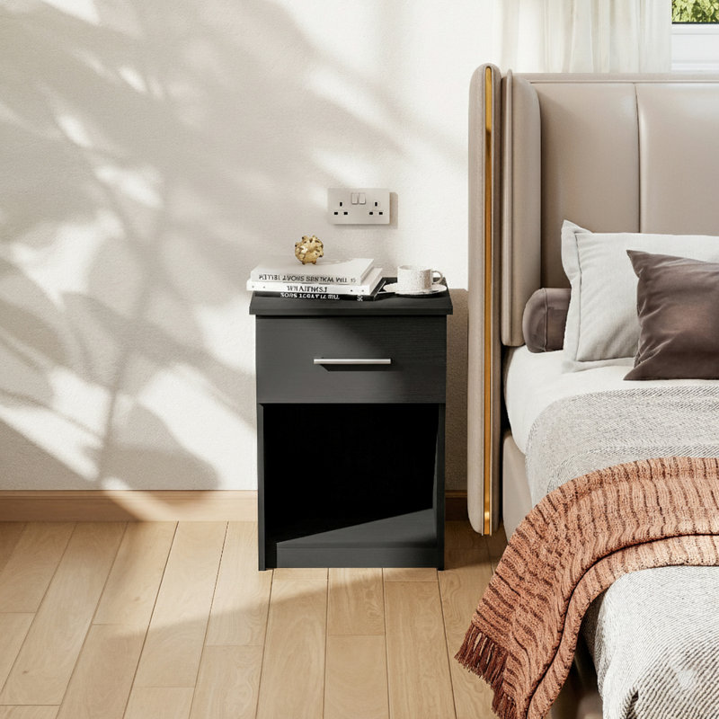 15.6" x 17.8" x 24.2" Nightstand with Handle Modern End Table with Drawer & Open Storage, Black
