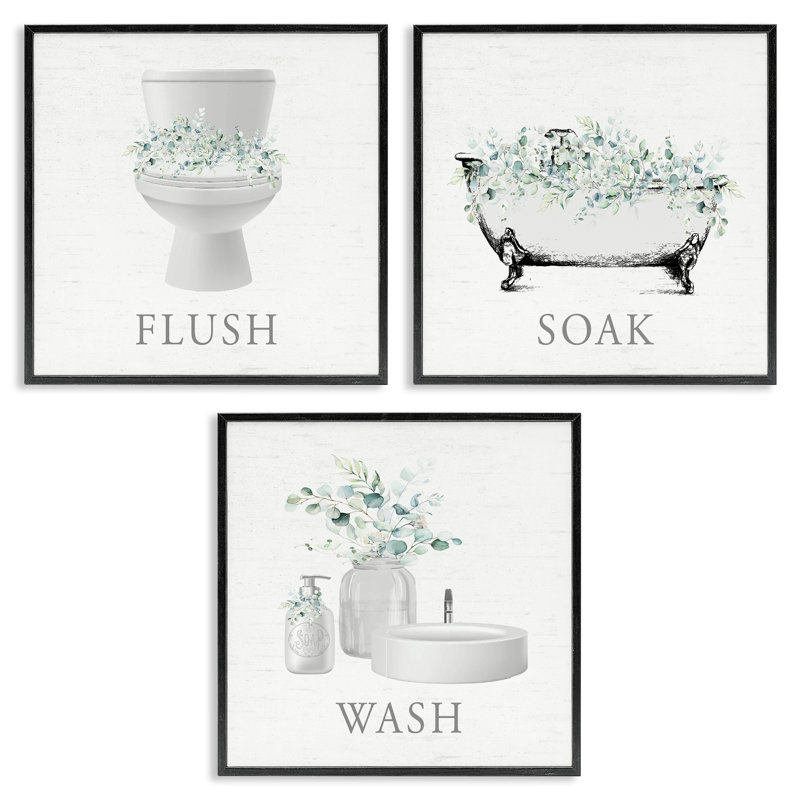 «Bathroom Rules with Eucalyptus», ensemble de 3 impressions giclées encadrées, dessinées par lettres et doublées