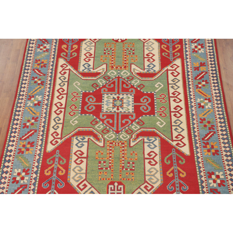 Green & Red Kazak Oriental Area Rug