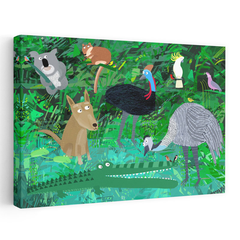 Drôle d'animaux australiens dans la jungle par Carla Daly, alligator, crocodile, art mural tropical, 16" H x 24" W