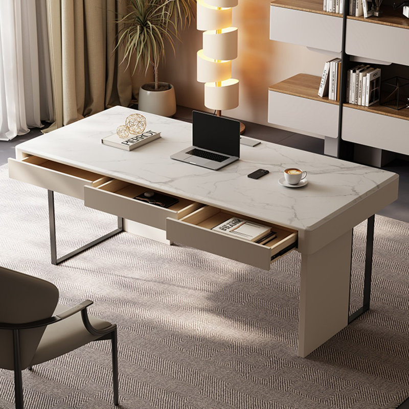 Bureau blanc et blanc en acier manufacturé + acier avec 3 tiroirs, H 29,53 po x l 70,87 po x P 27,56 po