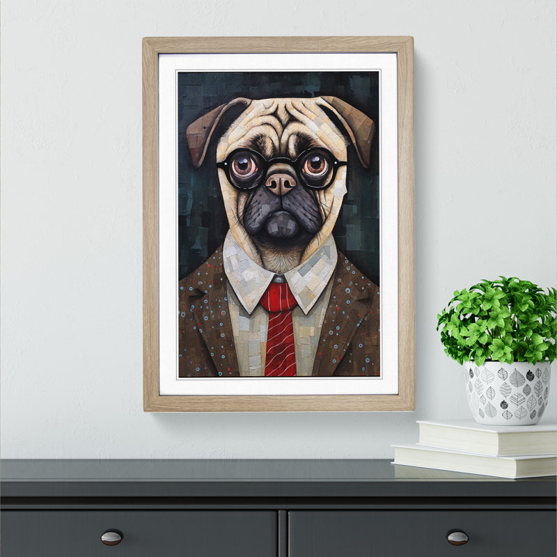 Pug Dadaism - Single Picture Frame Print on Wood, 64cm H x 46cm W x 2cm D, Oak