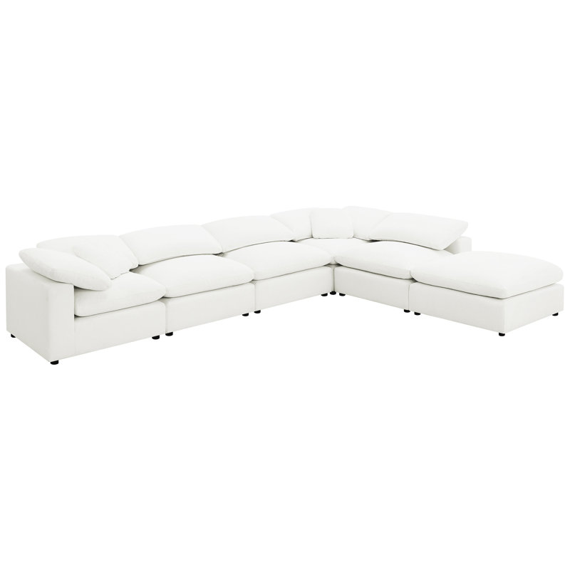 Ivory Fabric Six-Piece Modular Sectional Sofa with Ottoman