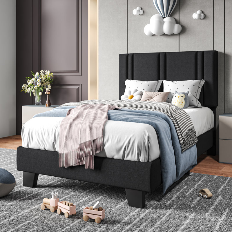 Structure de lit tapissier simple avec tête de lit en tissu de lin, support solide en lattes de bois, silencieux, sans sommier tapissier, noir