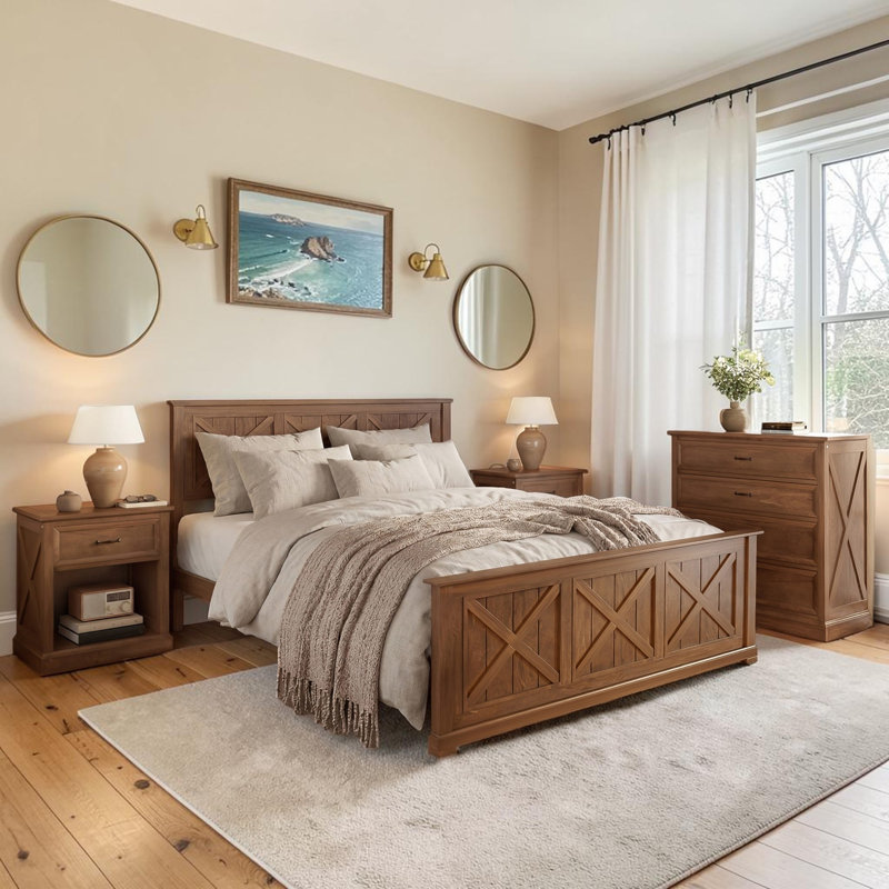 Ensemble de chambre à coucher de ferme 4 pièces, grand lit plateforme avec tables de chevet et commode Farmhouse, Noyer
