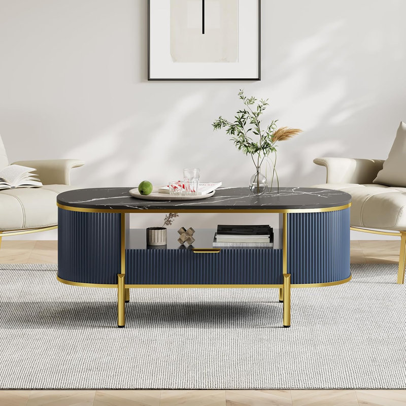 Table basse ovale bleue de 48 pouces - Design cannelé et plateau en faux marbre, table centrale moderne avec tiroirs