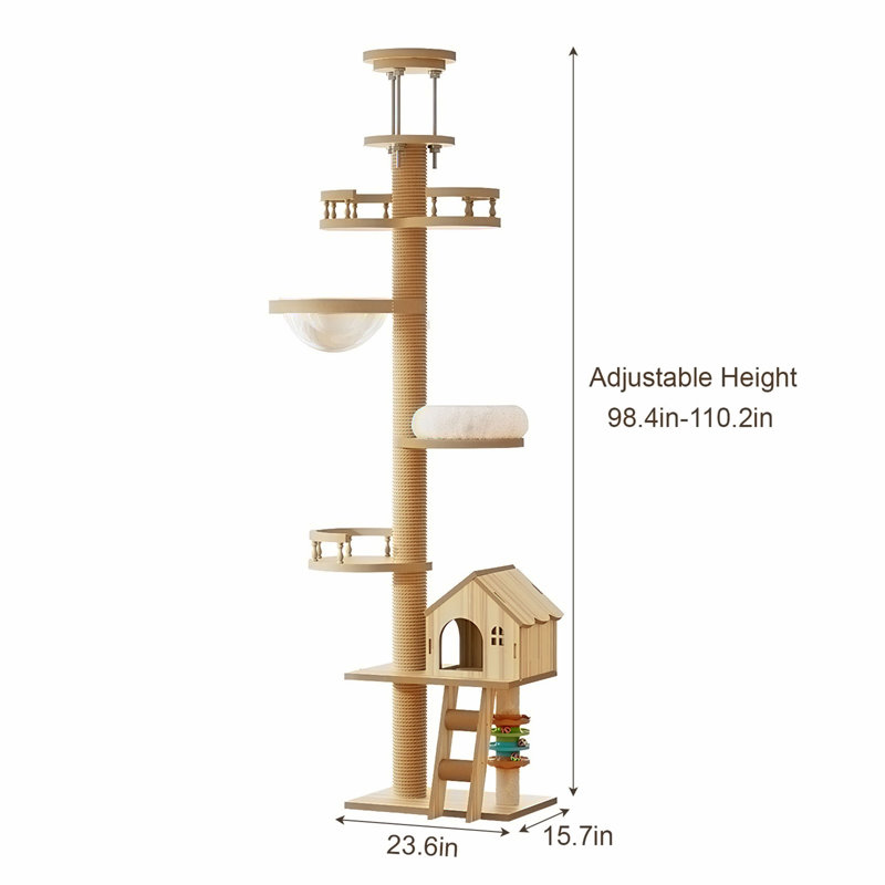 Tour pour arbre à chat avec poteau à griffes du sol au plafond, hauteur réglable (98 à 110 pouces) et hamac