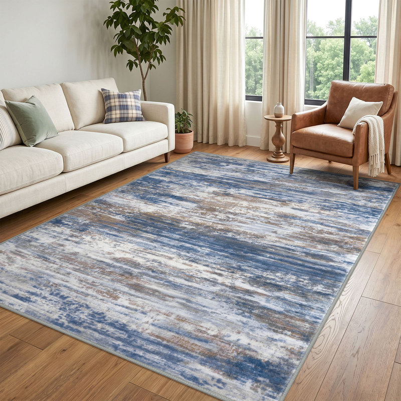 Tapis à envers en caoutchouc lavable à la machine pour le salon de la chambre à coucher, Blue Rust White
