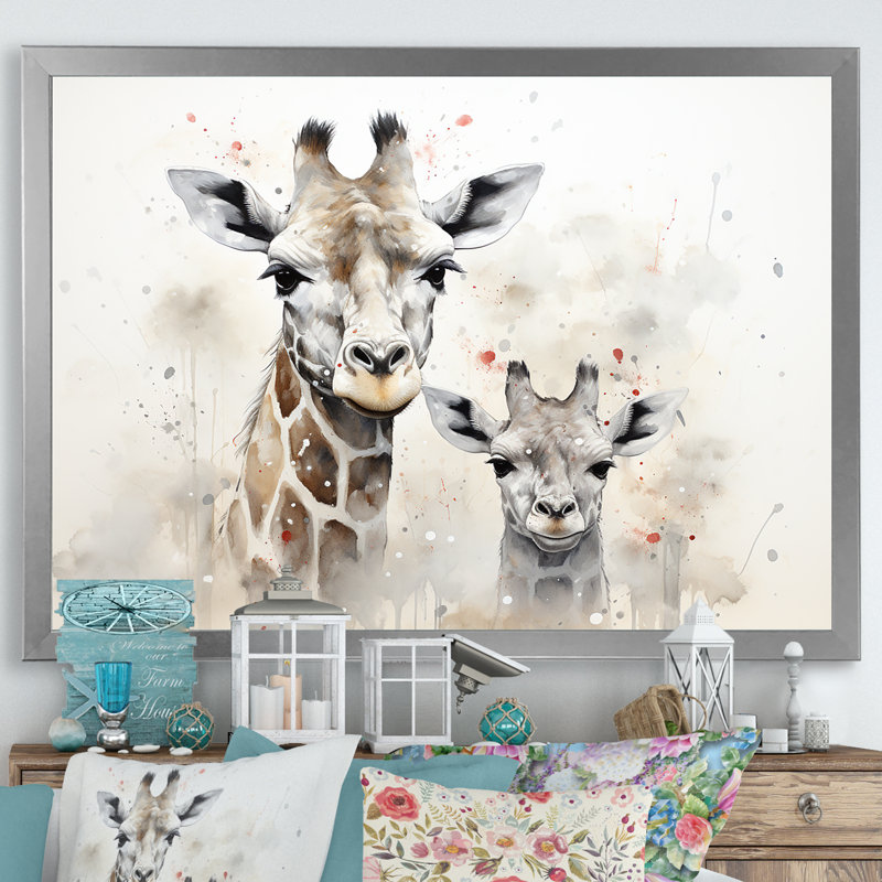 Famille de girafe beige ludique, Cadre simple argenté, H 24 po x l 32 po x P 1 po