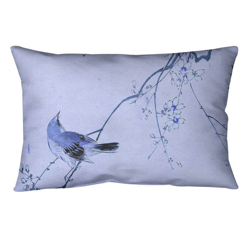 Housse d’oreiller rectangulaire en coton à motif d’oiseaux et de fleurs japonaises 100% et insert, Bleu