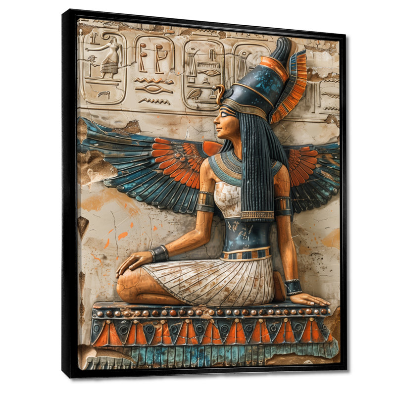 Bleu et beige déesse égyptienne IV - Égypte, salon d'art mural, Toile avec cadre flottant noir, H 40 po x l 30 po x P 1,5 po