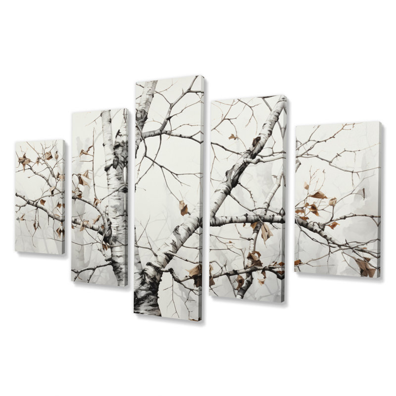 Arbre à fleurs monochromes gris et blanc II - impression sur toile florale - 5 panneaux