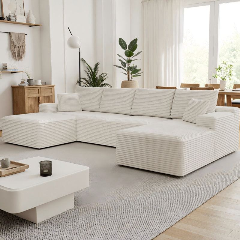 U-Shaped Sectional Sofa with Ottoman & Chaise Lounge, Upholstered Plush Corduroy Fabric Modular Couch for Large Spaces, Compressed Furniture No Assembly Required