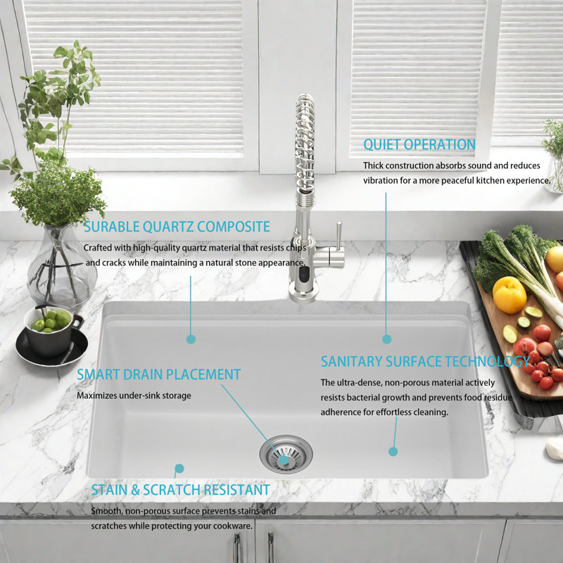 Lavabo sous-comptoir en quartz blanc 28 po x 19 po - Comprend les accessoires, le choix du chef pour les cuisines modernes