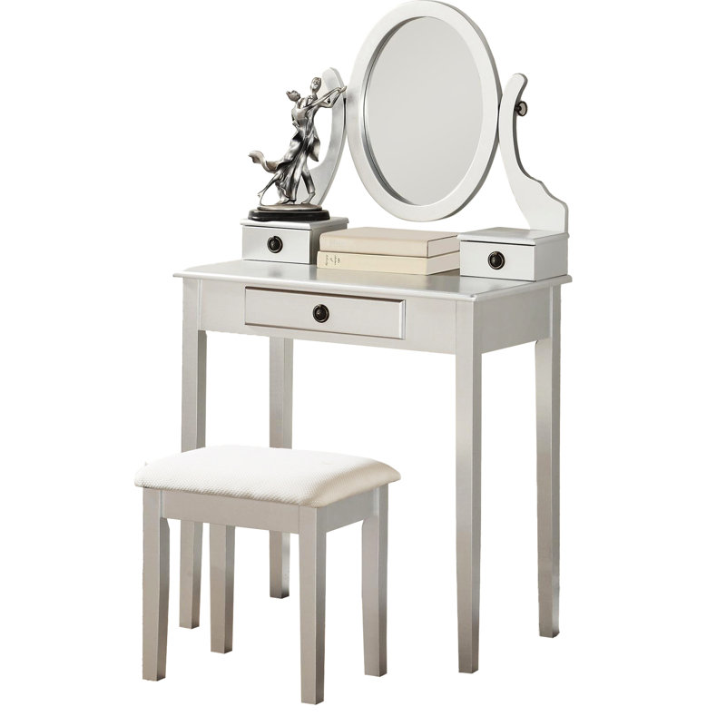 Table de coiffeuse et tabouret de maquillage en bois, argenté - rangement à 3 tiroirs, miroir réglable pour le matériau du tabouret de soins de beauté, tiroirs de rangement, pour femmes