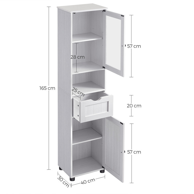 Space Saving Tall Slim Freestanding Bathroom Cabinet with Open Shelf Glass Door Water Resistant Feet, Light Grey