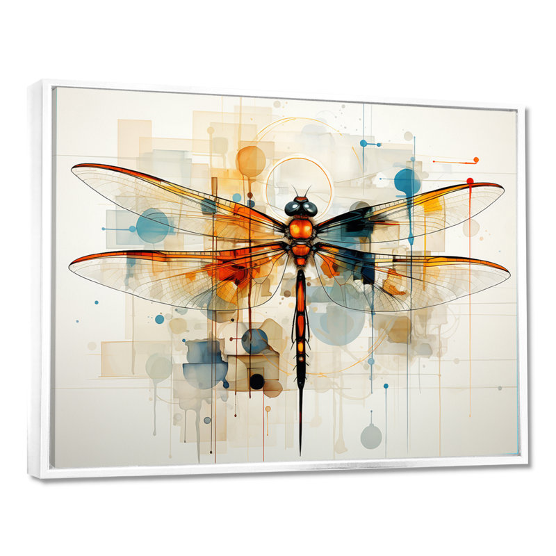 Libellule en teck vol éthéré géométrique - Libellule, art mural, H 30 po x l 40 po x P 1,5 po, White Floater Framed
