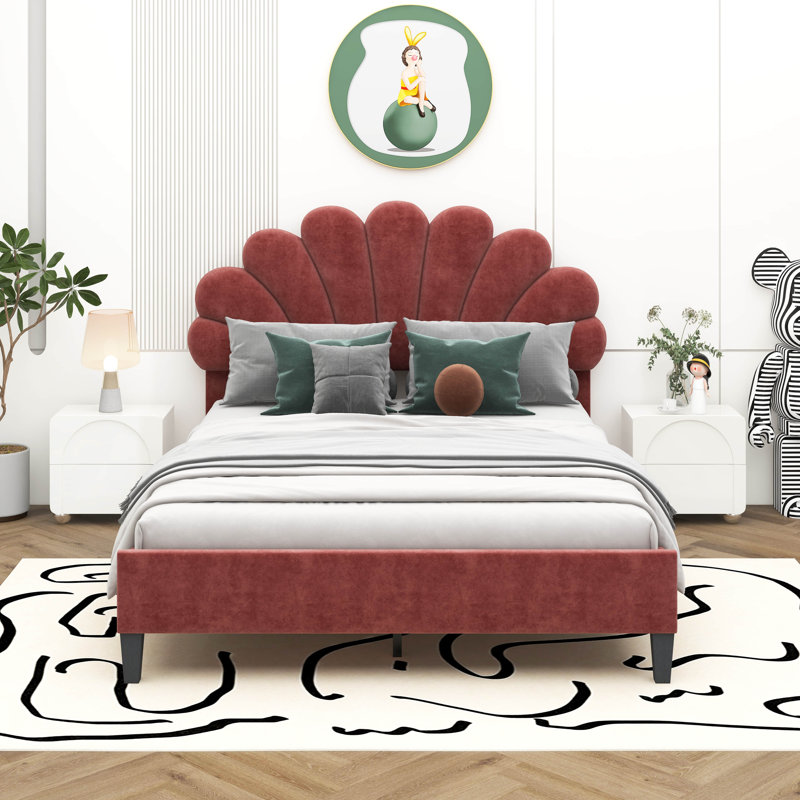 Lit plateforme tapissier avec tête de lit en velours à motif floral, Double, Pâte de haricots rouges