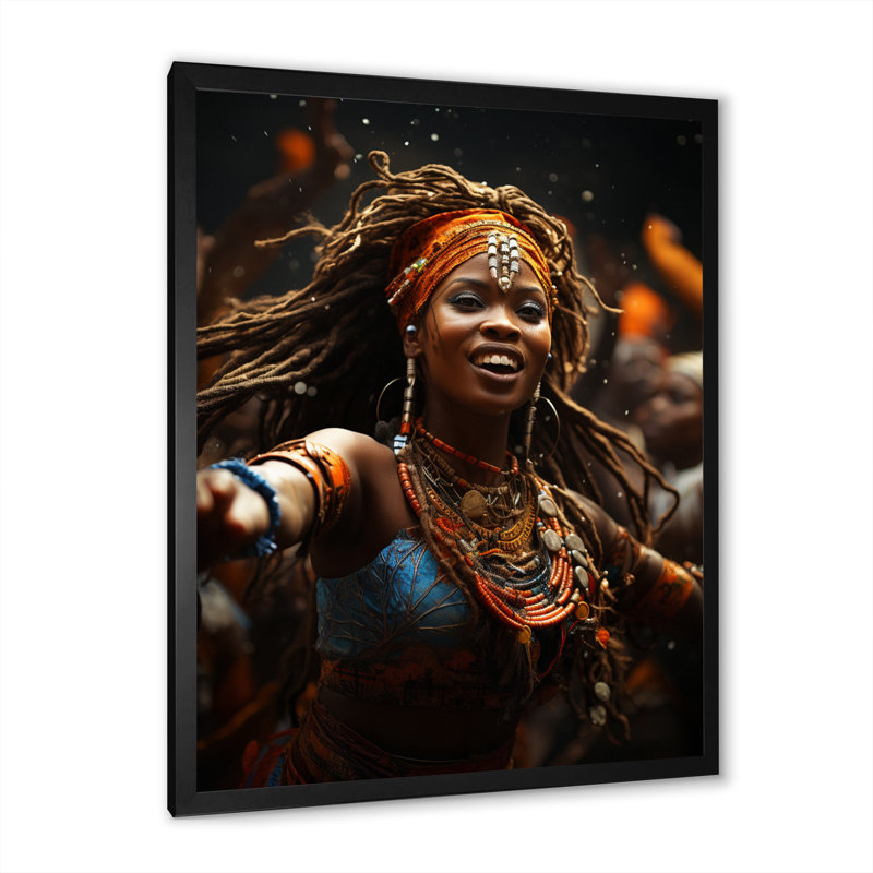 «Quandro Tribal Woman Dance», reproduction d'art sur toile, Cadre noir, H 20 po x l 12 po x P 1 po