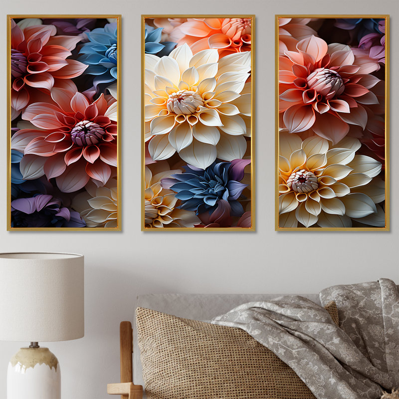 Ensemble de salon coloré Dahlia Efflorescence Tranquility - Dahlia, Cadre flottant doré, H 40 po x l 60 po x P 1 po