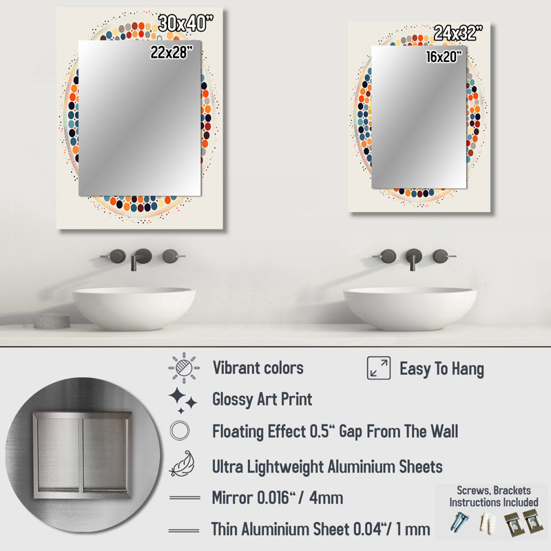 Boho Mandala In Retro Blue And Orange II - Boho Mandala Large Wall Mirror, Traditional Unique Mirror, Printed Metal Art