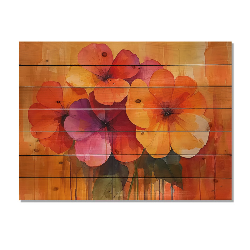 Burning Geraniums In Fiery Shades Expression II - Geraniums Wood Wall Decor - On Natural Pine Wood, 10" H x 20" W