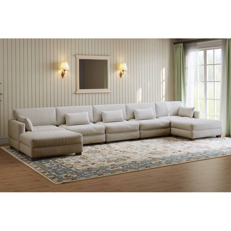 Maelina 7 - Piece Upholstered Sea Salt Grey Corduroy Modular Sectional Sofa with Pillow Back and Removable Ottoman