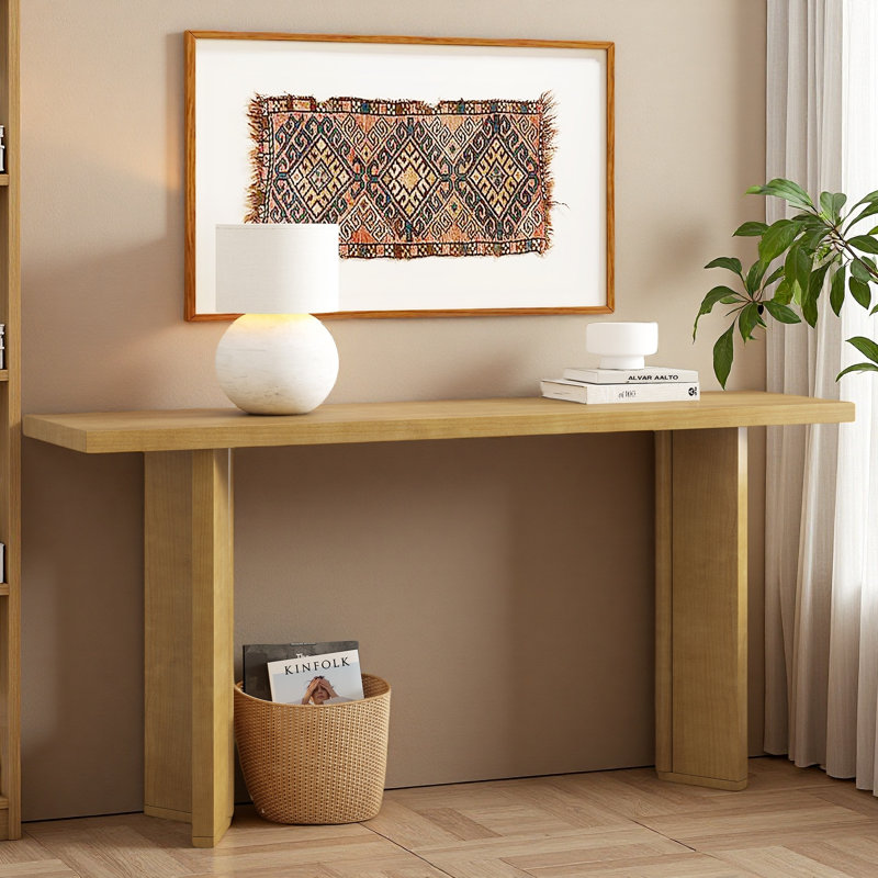Élégante console avec placage de pin et pieds géométriques, idéale pour le salon, le bureau et la salle à manger, Naturel
