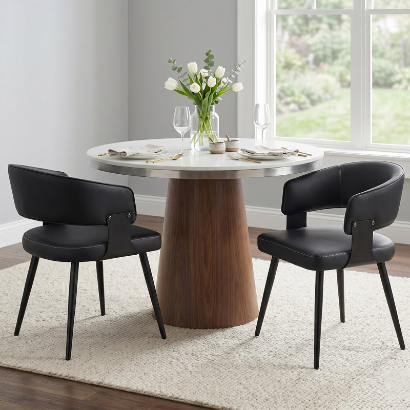 19"H Upholstered Faux Leather Kitchen Dining Armchair , Black, 2