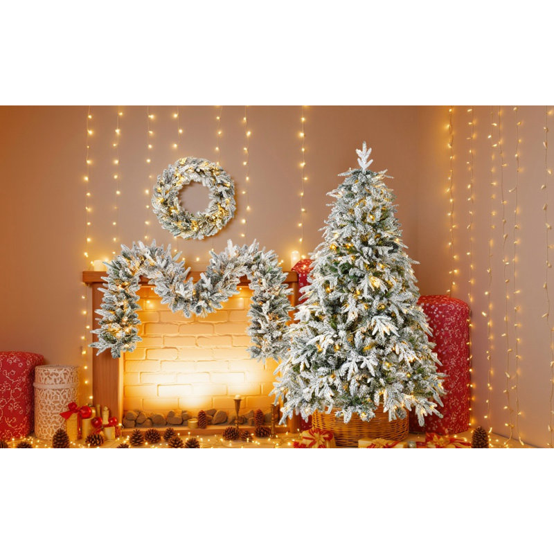 Ensemble de 3 pièces de Noël enneigées enneigées: arbre, avec 370 lumières DEL jaunes chaudes pour s'amuser en famille dans la neige Décor: lumières, météo - Structure