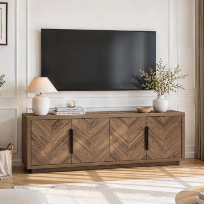 Meuble télé 72 po en bois épaissi 72 po pour les téléviseurs de 88 po ou moins de style campagne moderne Mid-Century, quatre armoires de rangement avec tablettes réglables et console multimédia pour le salon, la chambre à coucher et le couloir