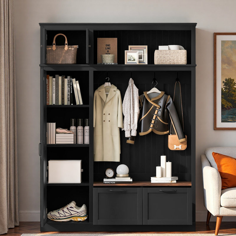 3-in-1 Hall Tree With Top Storage Cabinet, Open Storage, 3 Adjustable Side Shelves, 4 Heavy-duty Hooks, 2 Spacious Drawers And Seat Bench