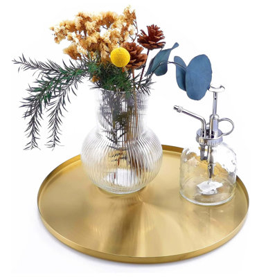 Gold Round Serving Tray Stainless Steel Brushed Finish Decorative Plate for Coffee Table Bar Vanity Kitchen