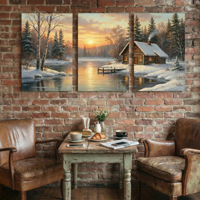 Paysage et nature Hiver coucher de soleil rivière cabane neige arbres
