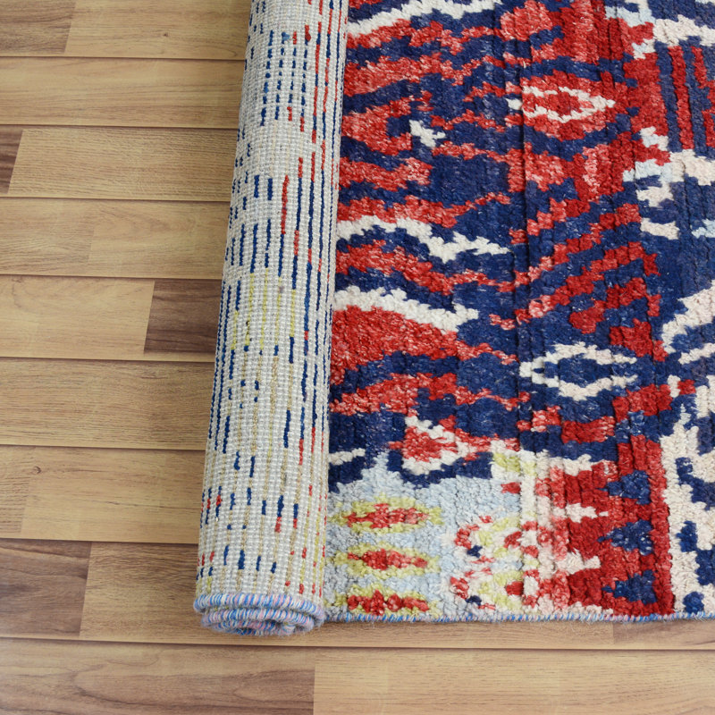 Tapis marocain rouge / bleu en laine nouée à la main de conception unique 3 pi 10 po x 5 pi 10 po Peavine