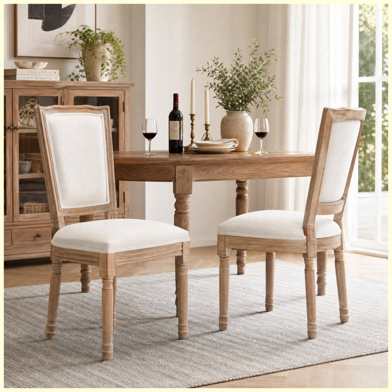 Ensemble de 2 chaises de salle à manger en lin beige ferme, structure en bois massif avec dossier large