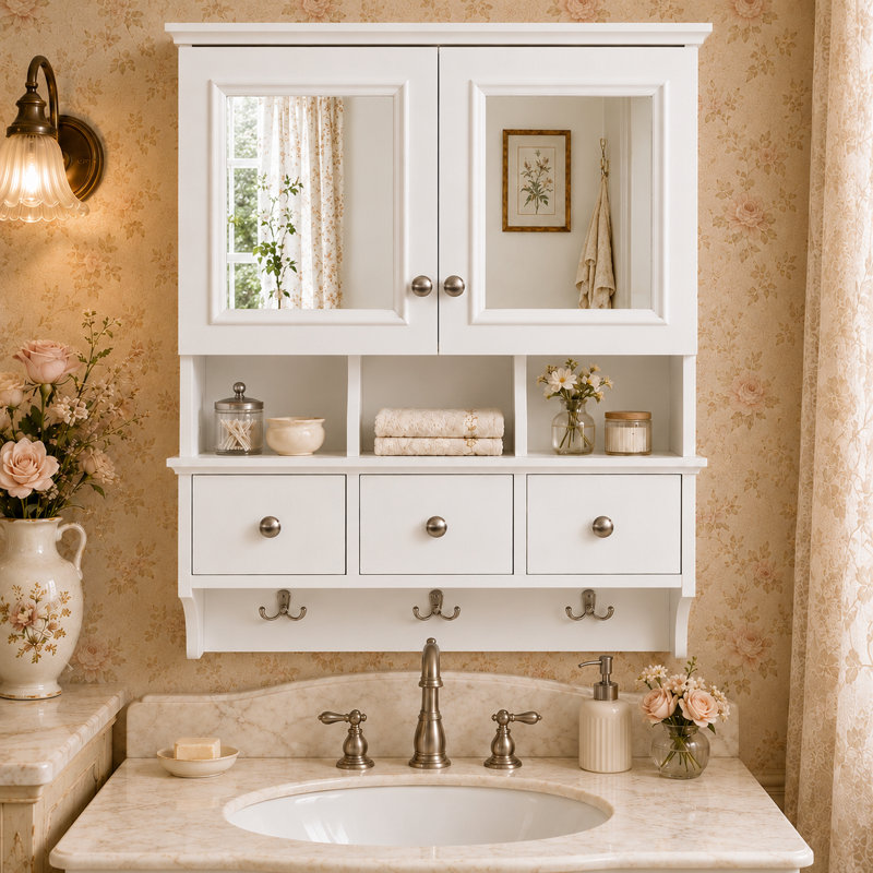 Armoire à pharmacie avec cadre et panneau en MDF à fixation en surface avec miroir et crochets blancs l 24 po x H 28 po Aurelia