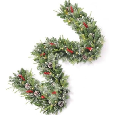 9FT Prelit Christmas Garland Decorations White Light, Snow Xmas Garland with Lights, Pulg in, for Outdoor Indoor, Home Decoration Mantle Stairs Railing Fireplace Outdoor Indoor Door