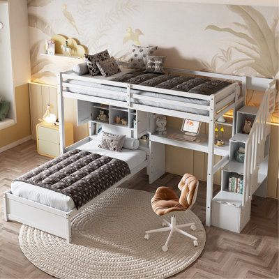 Lit mezzanine simple au-dessus de simple avec bureau intégré et escalier, avec compartiments de rangement et tablettes, blanc