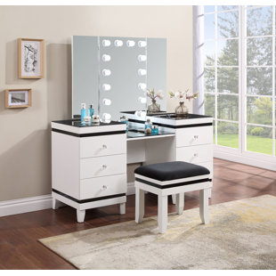 3pc Anza Multi Storage Vanity Set with Tri Fold Mirror and Stool White -  HOMES: Inside + Out