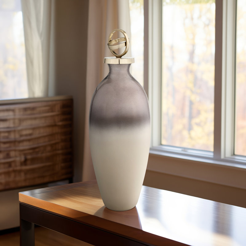 Decorative Glass and Metal Jar with Aluminum Sculptural Lid and Modern Glam Design, 22" H x 7" W x 7" D