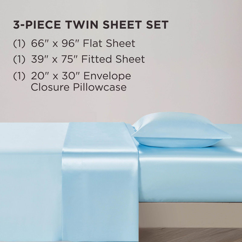 Juicy Couture Premium Silky Satin Sheet Sets, Twin Sheet Set with 1 Pillowcase, Light Blue