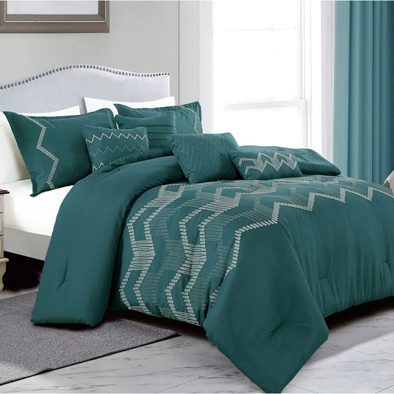 7 Piece Teal Boho Embroidery Soft Bedding Comforter Set, King Comforter + 6 Additional Pieces Included