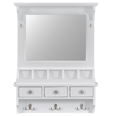 Farmhouse Wall-Mounted Mirror With Hooks And Storage Compartments, Floating Makeup Vanity With Rectangle Mirror And 3 Mini Drawers, Decorative Home Wall Organizer Mirror For Entryway, White