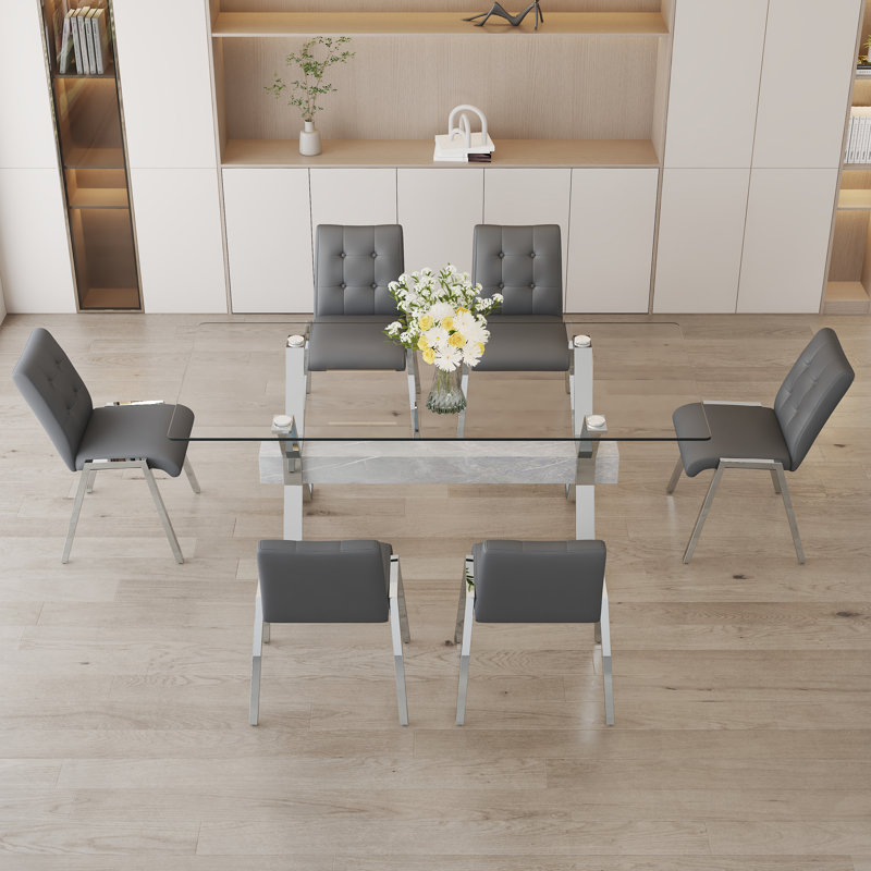 Ensemble de table de salle à manger, Argent/blanc, 7, Gris