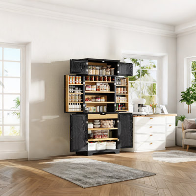 Multi-Functional Kitchen Storage Cabinet With Built-In Door-Mounted Shelving—Featuring Adjustable Shelves, Hidden Drawers, And A Wine Rack. Ideal For Kitchens, Dining Rooms, And Bathrooms.